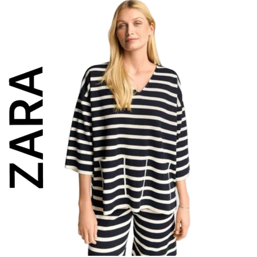 Zara Women Navy Blue Ivory Striped 3/4 Sleeves Shirt Small